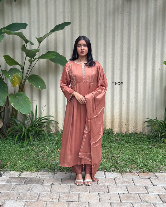 MyHof Pastel Chocloate Hand Embroidery Suit Set In Crepe