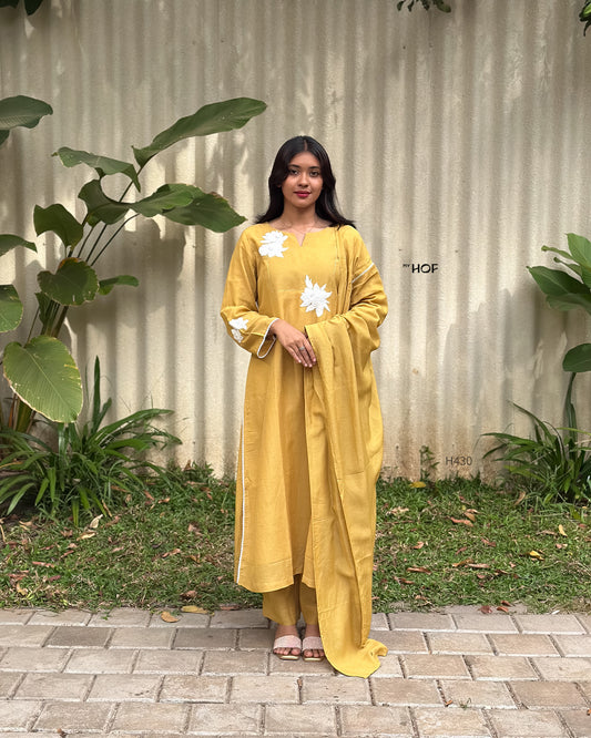 MY HOF Mustard Yellow Floral Embroidery Suit Set In Linen