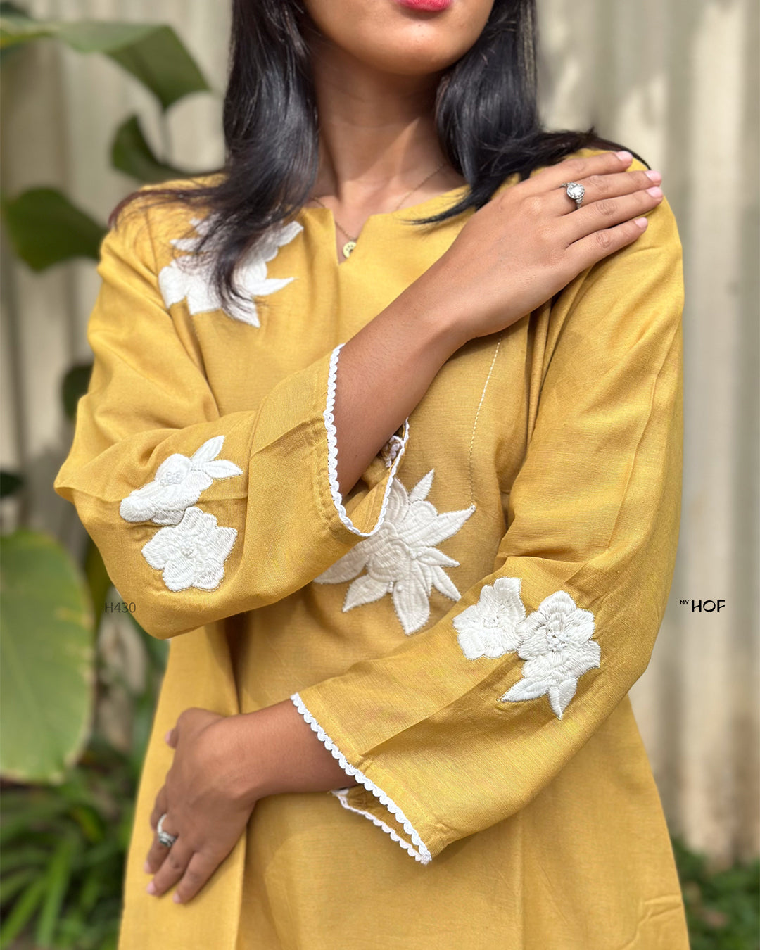 MY HOF Mustard Yellow Floral Embroidery Suit Set In Linen
