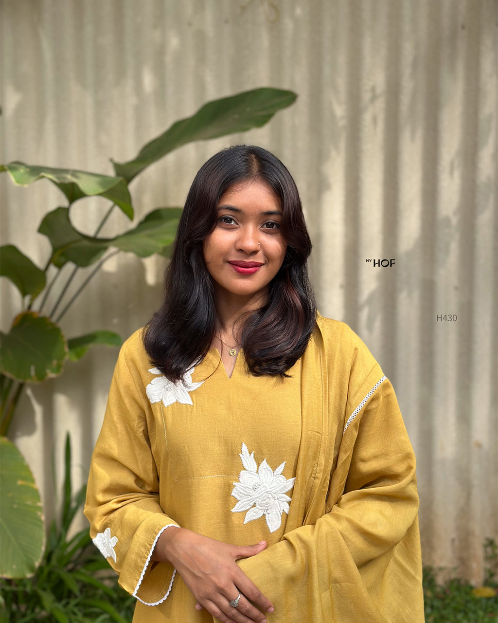 MY HOF Mustard Yellow Floral Embroidery Suit Set In Linen