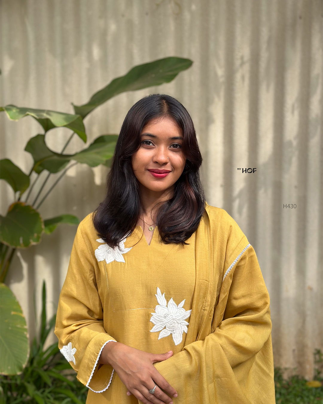 MY HOF Mustard Yellow Floral Embroidery Suit Set In Linen