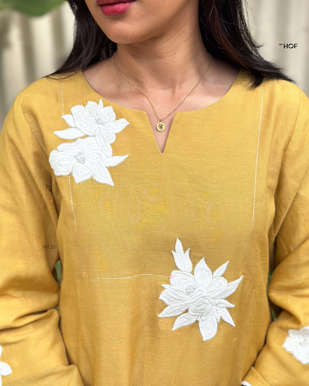 MY HOF Mustard Yellow Floral Embroidery Suit Set In Linen