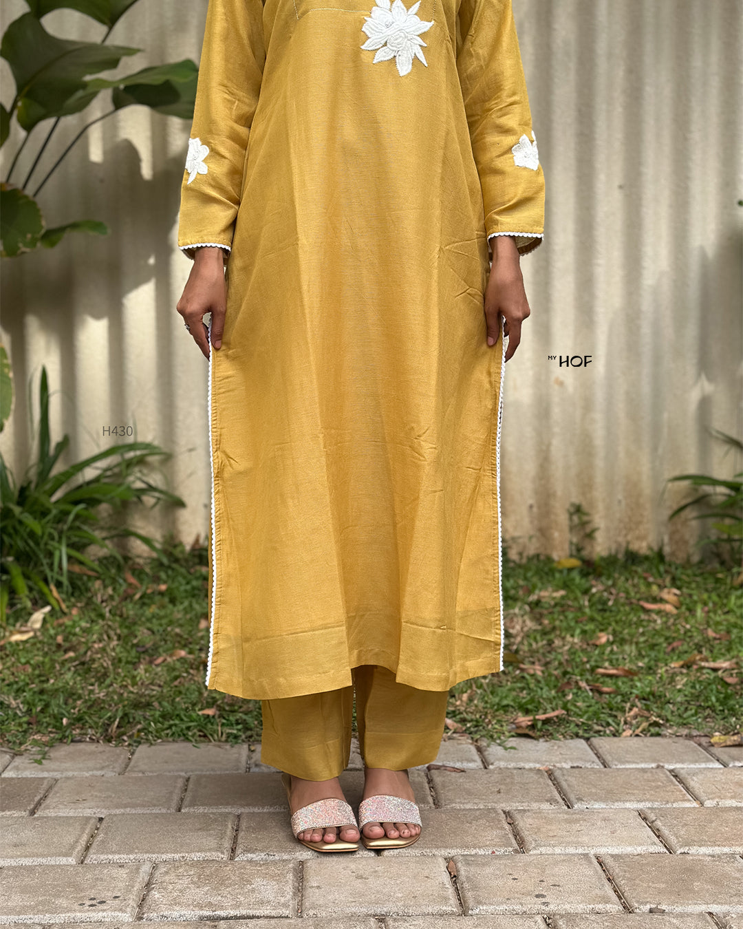 MY HOF Mustard Yellow Floral Embroidery Suit Set In Linen