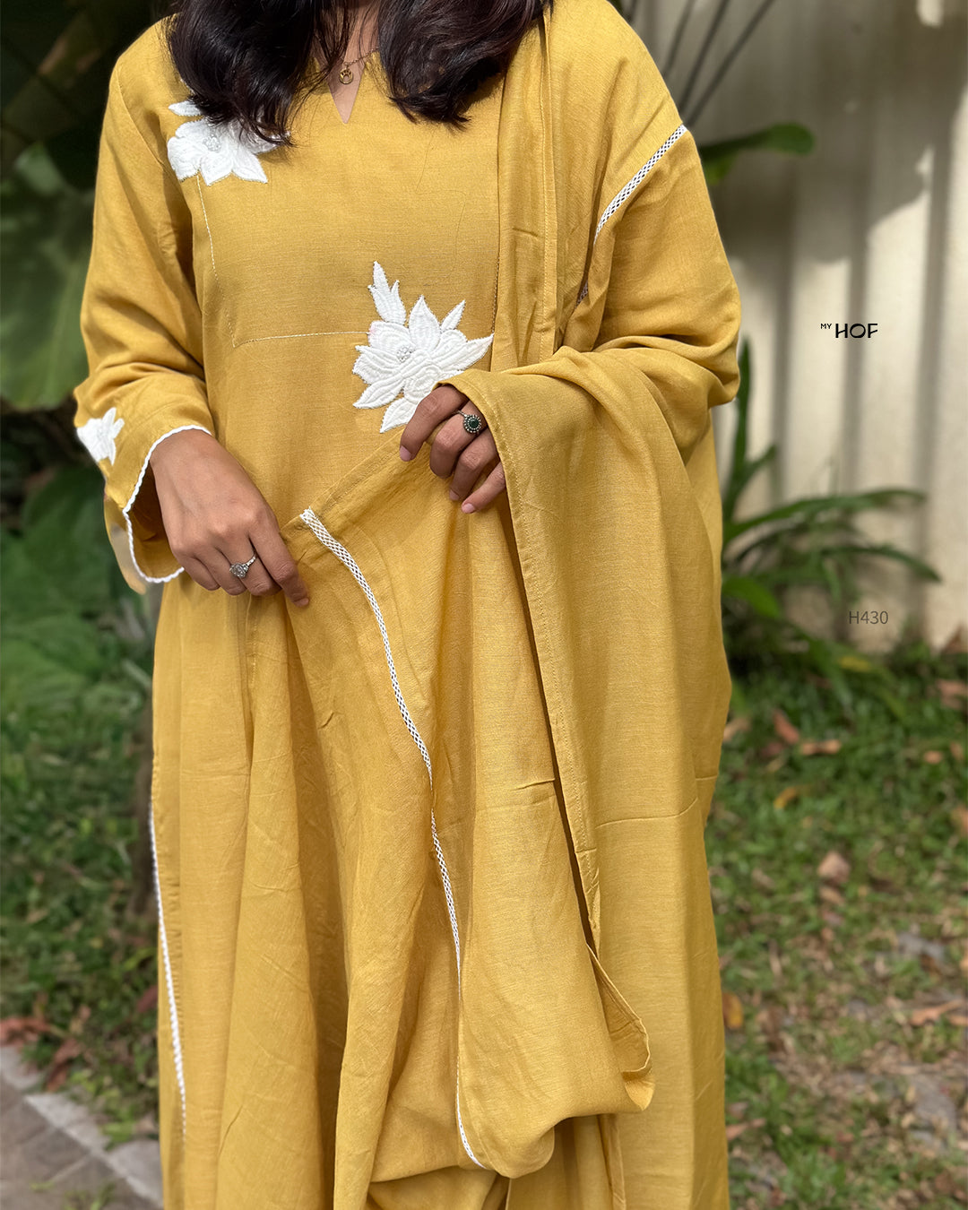 MY HOF Mustard Yellow Floral Embroidery Suit Set In Linen