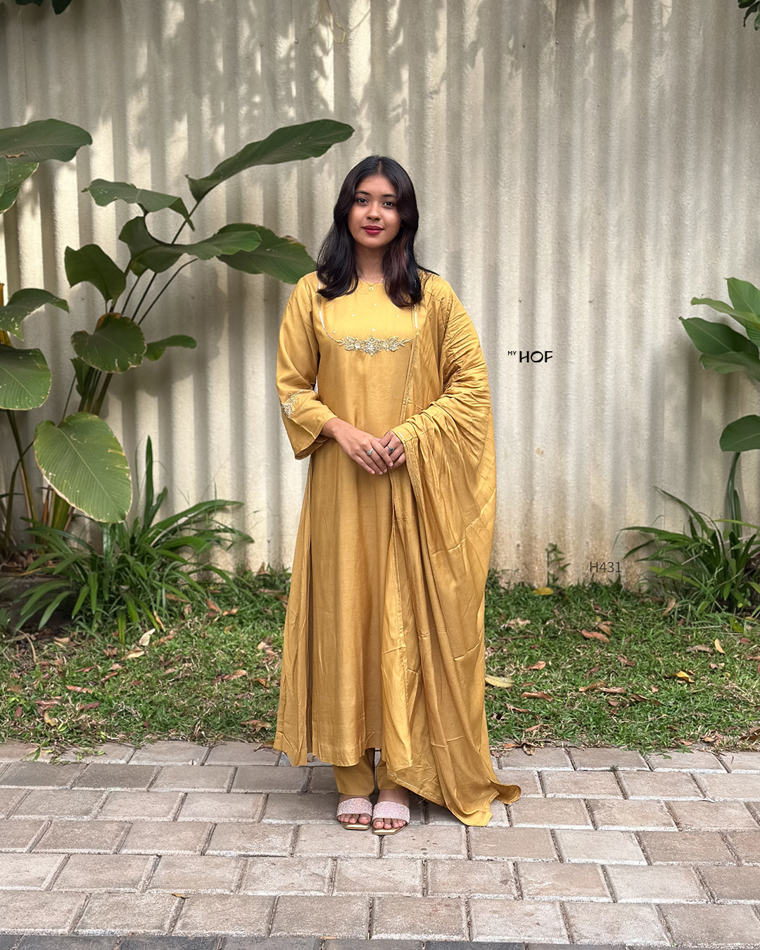 MY HOF Mustard Yellow Suit Set With Hand Embroidery In Muslin