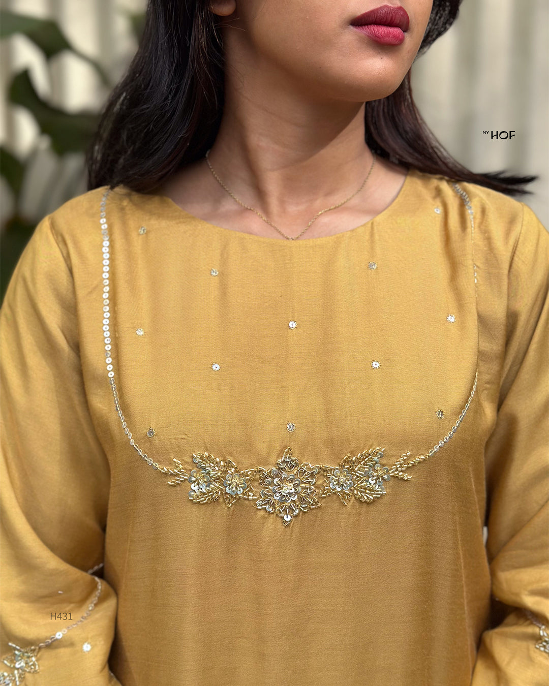 MY HOF Mustard Yellow Suit Set With Hand Embroidery In Muslin