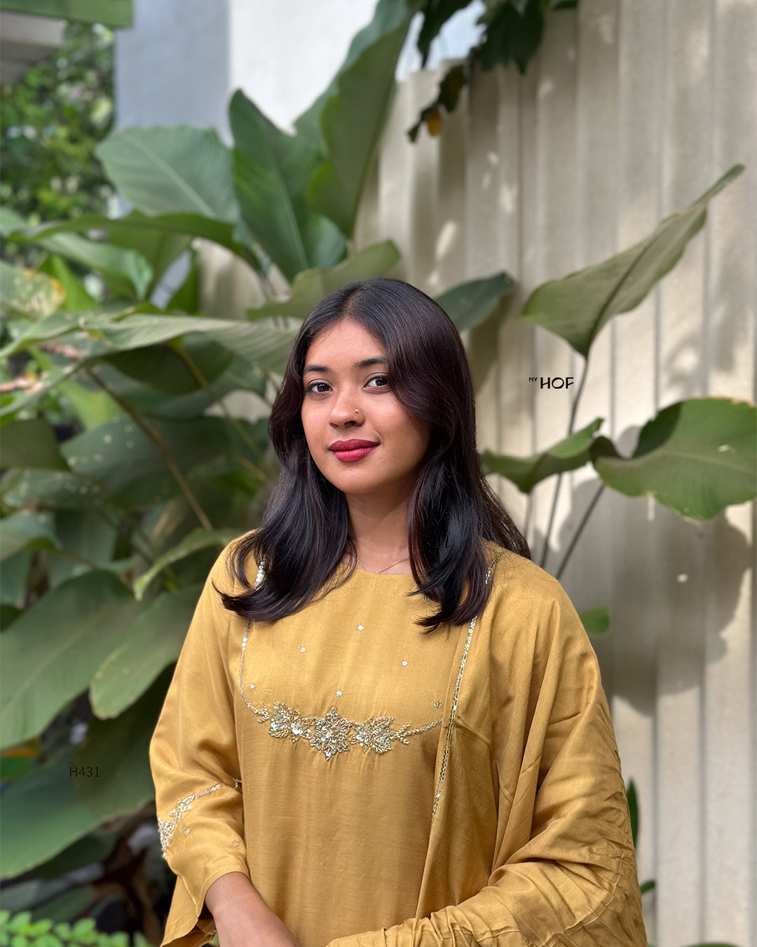 MY HOF Mustard Yellow Suit Set With Hand Embroidery In Muslin