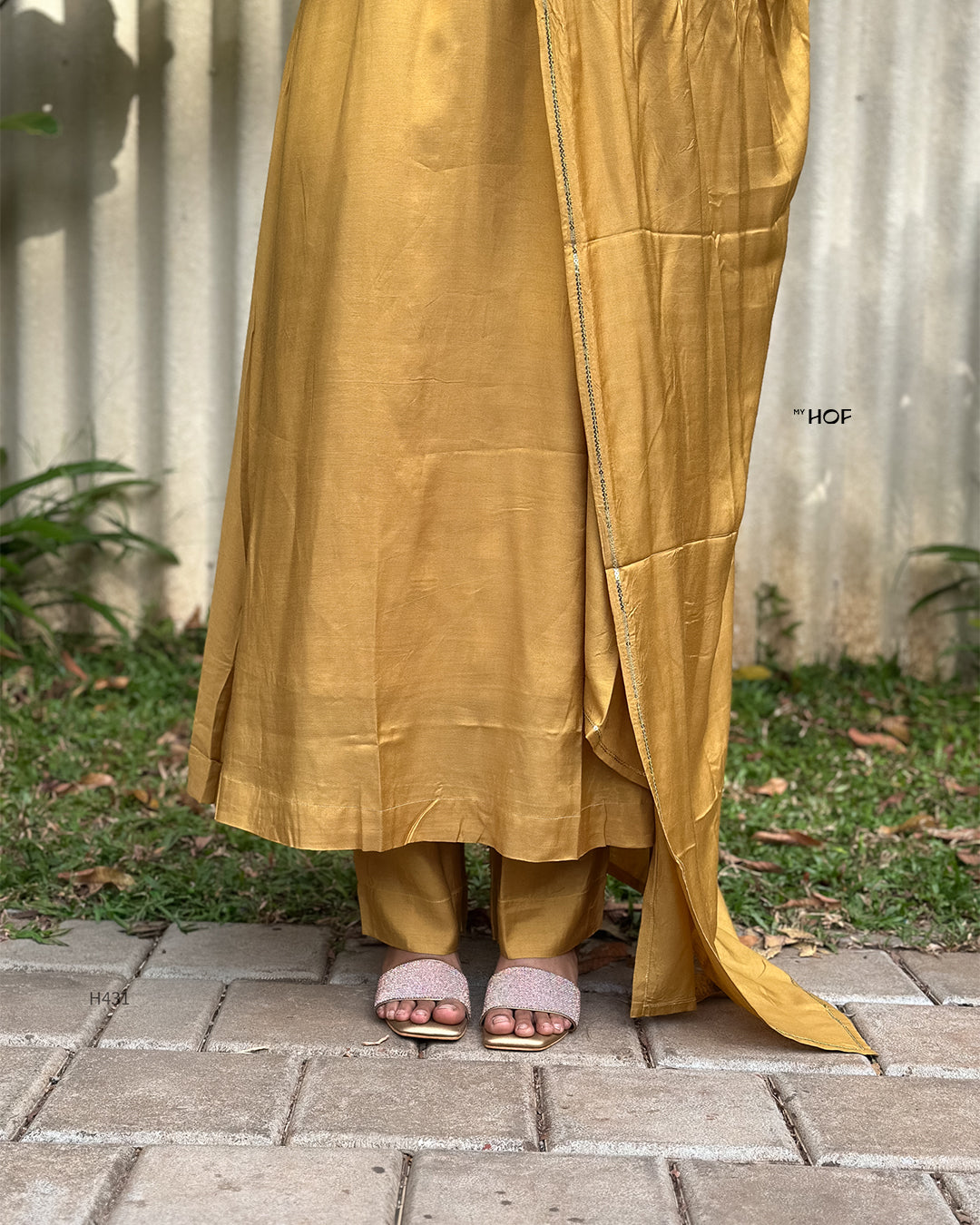 MY HOF Mustard Yellow Suit Set With Hand Embroidery In Muslin