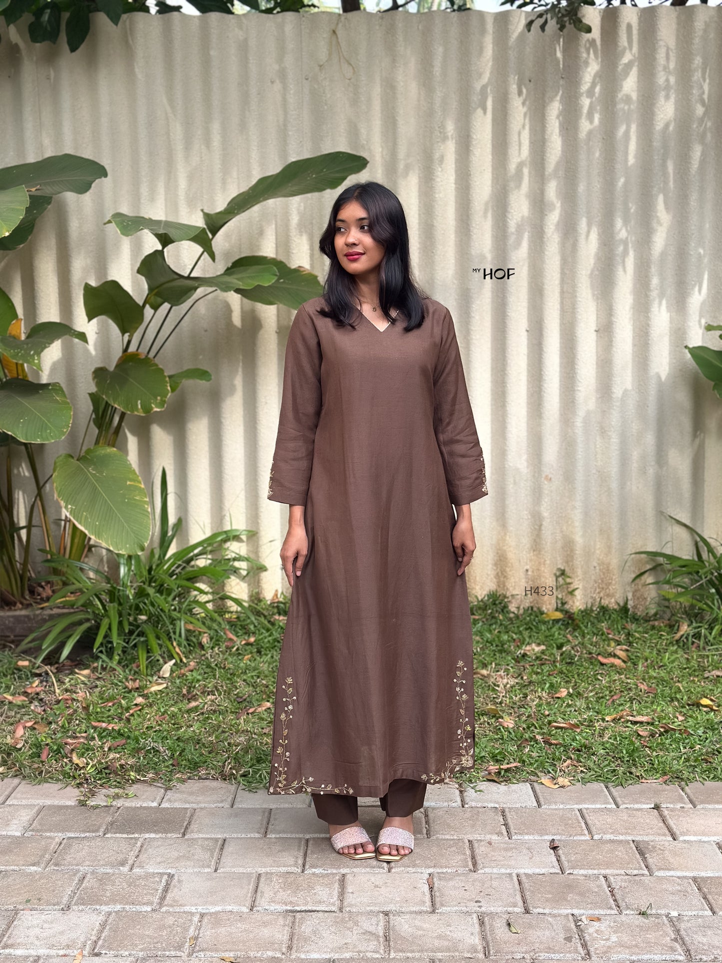 MY HOF Coffee Brown Suit Set With Floral Hand Embroidery In Linen