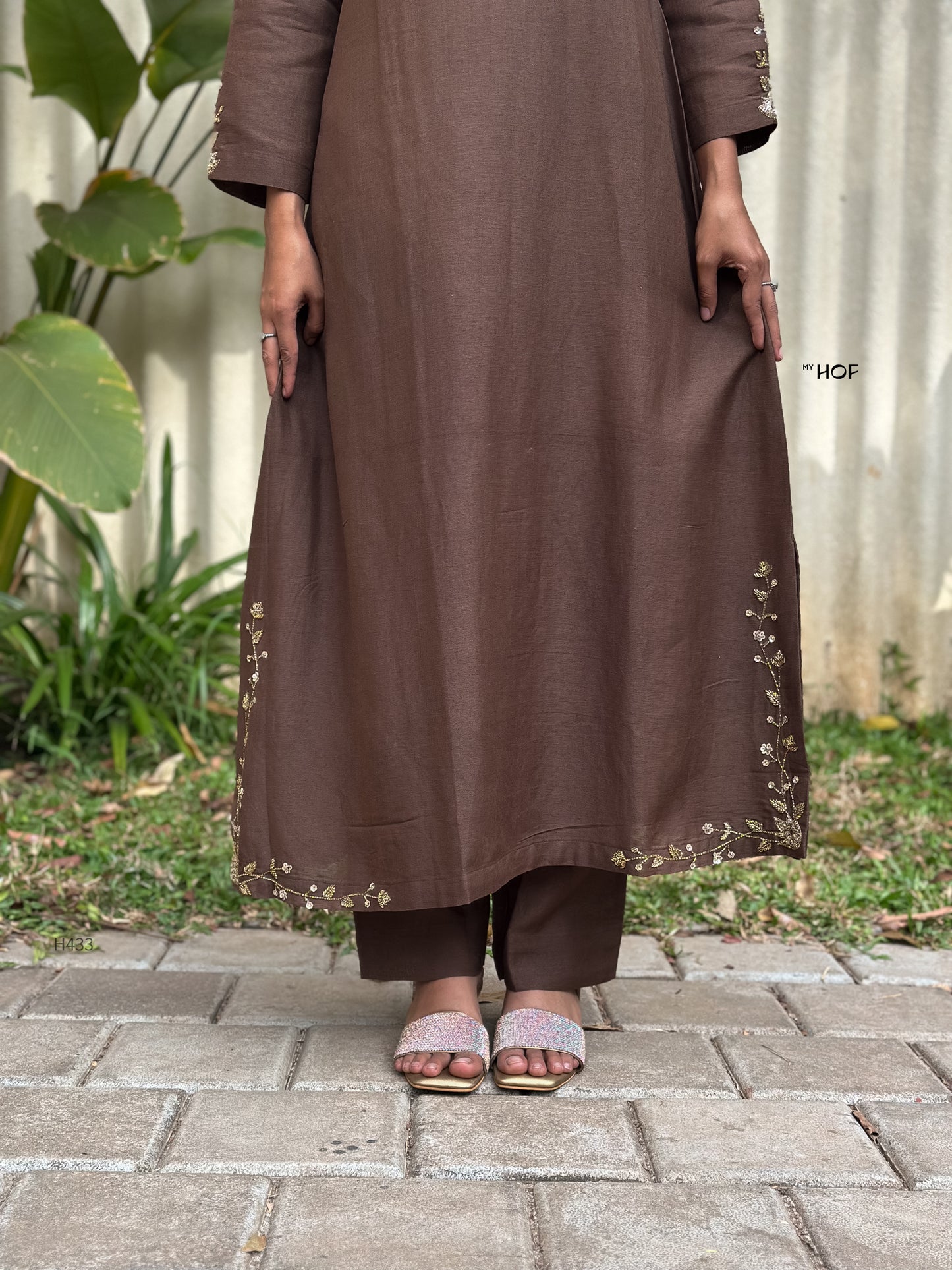 MY HOF Coffee Brown Suit Set With Floral Hand Embroidery In Linen