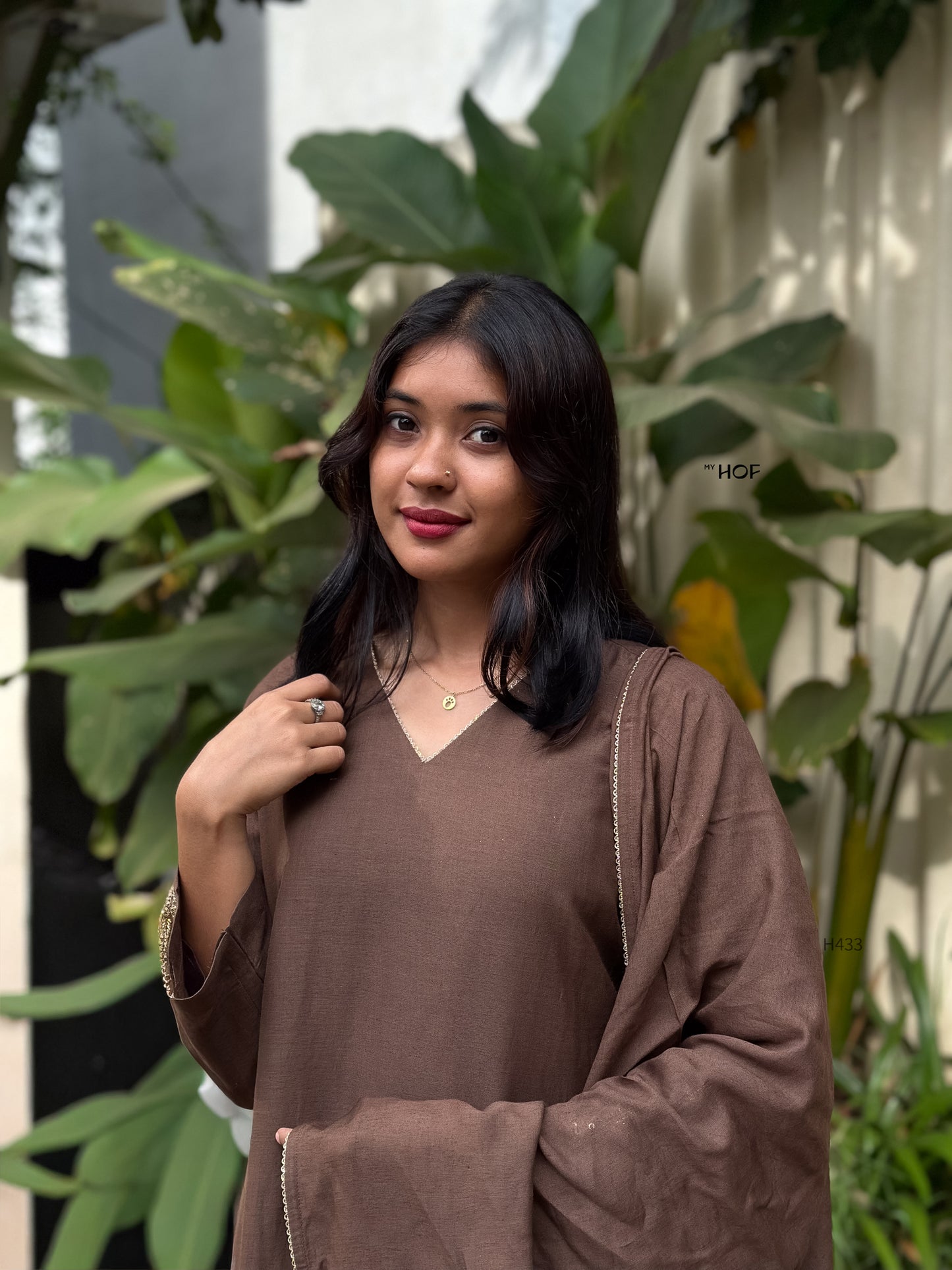 MY HOF Coffee Brown Suit Set With Floral Hand Embroidery In Linen