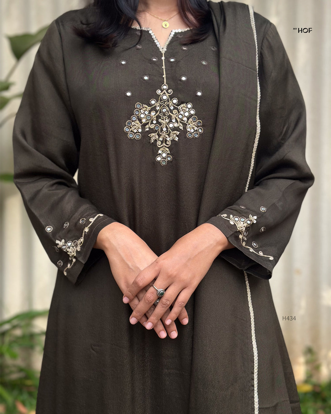 MY HOF Dark Olive Green Suit Set With Hand Embroidery In Crepe