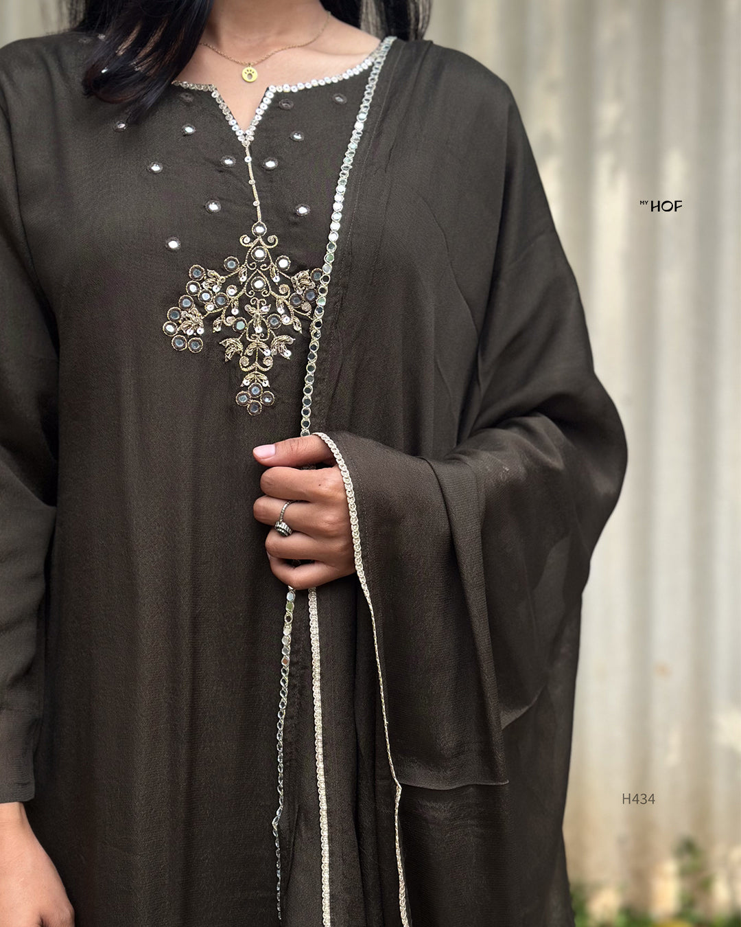 MY HOF Dark Olive Green Suit Set With Hand Embroidery In Crepe