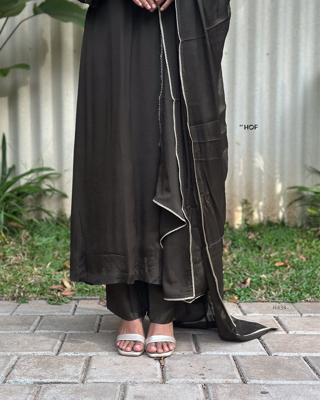 MY HOF Dark Olive Green Suit Set With Hand Embroidery In Crepe