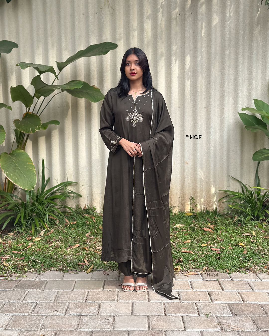MY HOF Dark Olive Green Suit Set With Hand Embroidery In Crepe