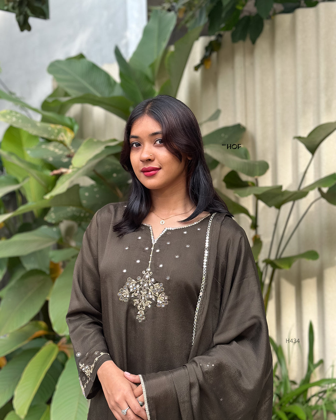 MY HOF Dark Olive Green Suit Set With Hand Embroidery In Crepe