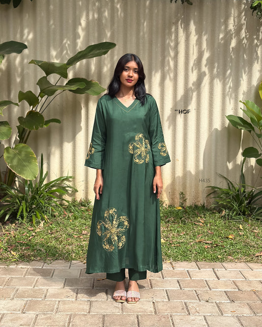 MyHof Bottle Green Suit Set With Floral Zari Embroidery In Muslin