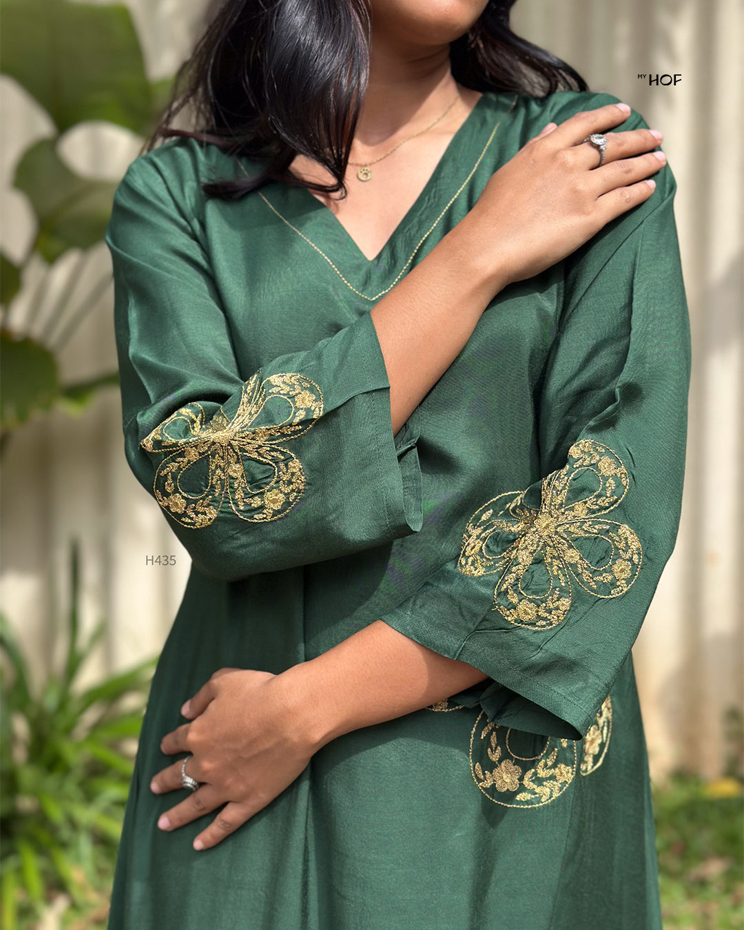 MyHof Bottle Green Suit Set With Floral Zari Embroidery In Muslin