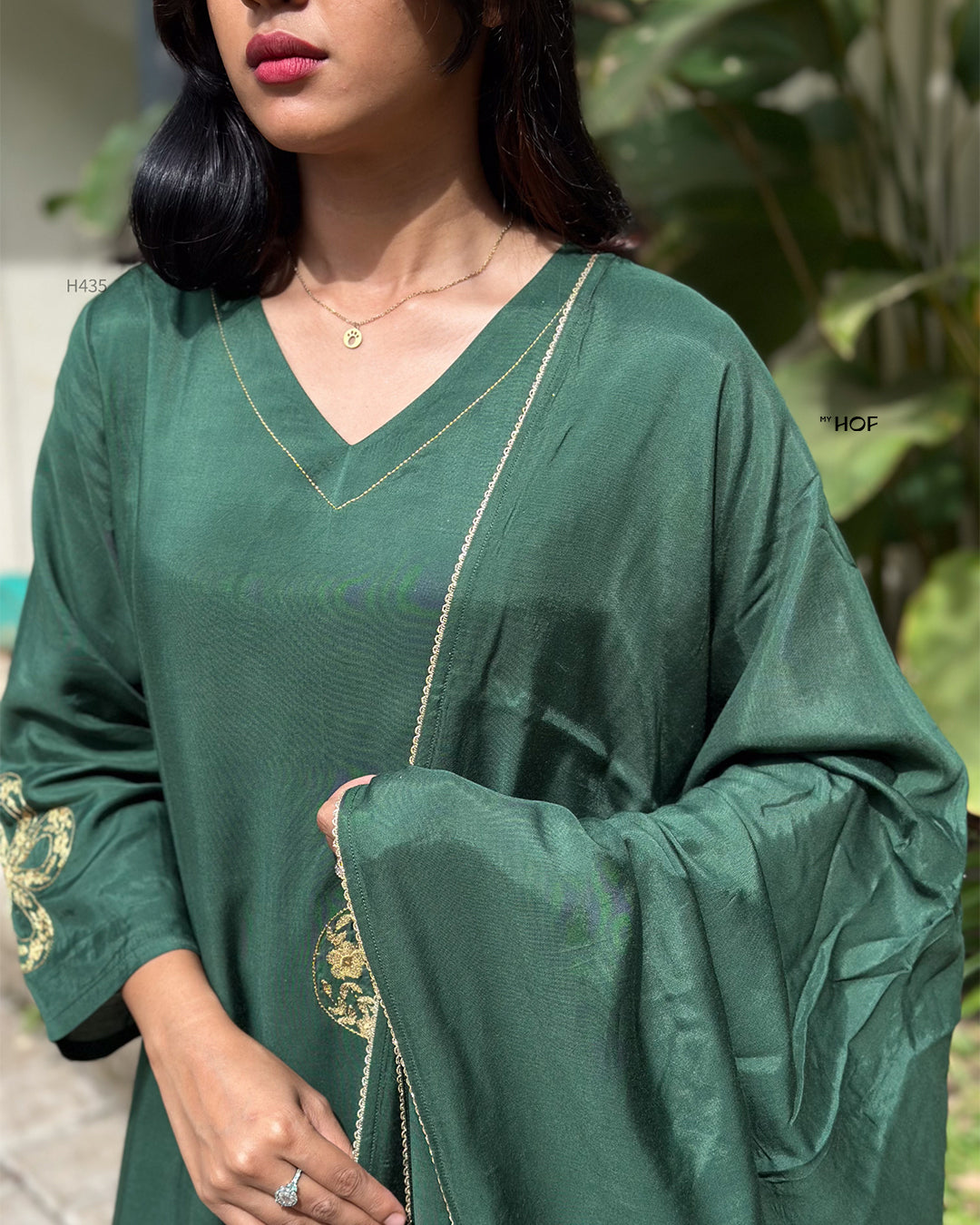 MyHof Bottle Green Suit Set With Floral Zari Embroidery In Muslin
