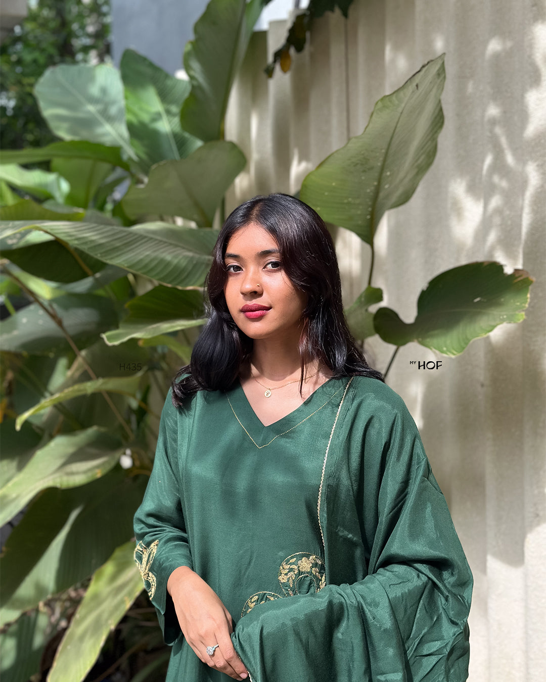 MyHof Bottle Green Suit Set With Floral Zari Embroidery In Muslin