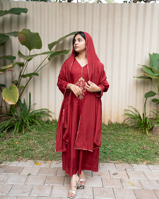 MY HOF Deep Maroon Suit Set With Floral Embroidery In Muslin