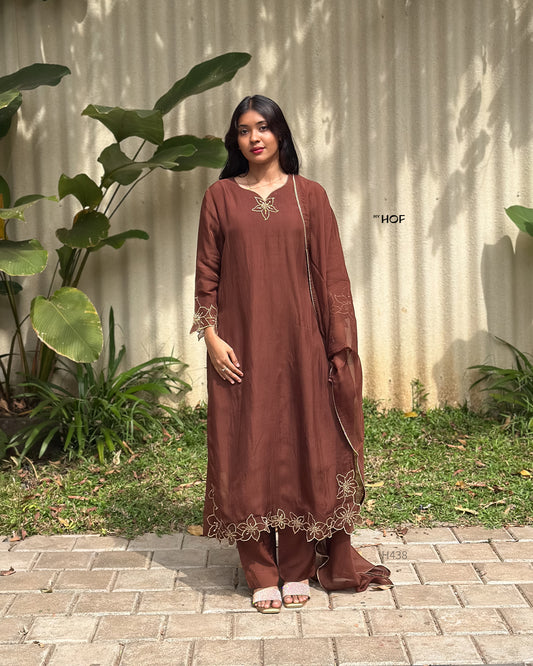 MyHof Chocolate Brown Suit Set With Floral Embroidery In Organza