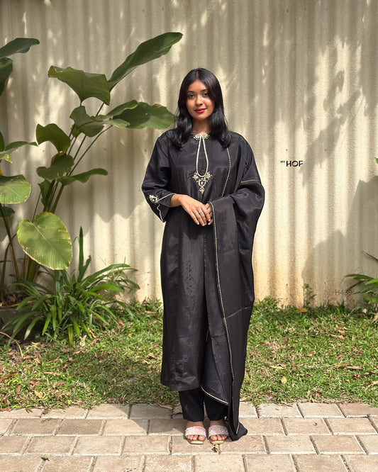 MY HOF Black Suit Set With Hand Embroidery In Glass Organza