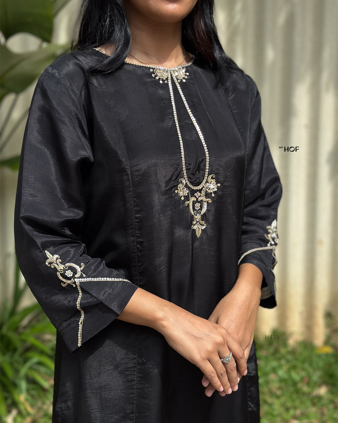 MY HOF Black Suit Set With Hand Embroidery In Glass Organza