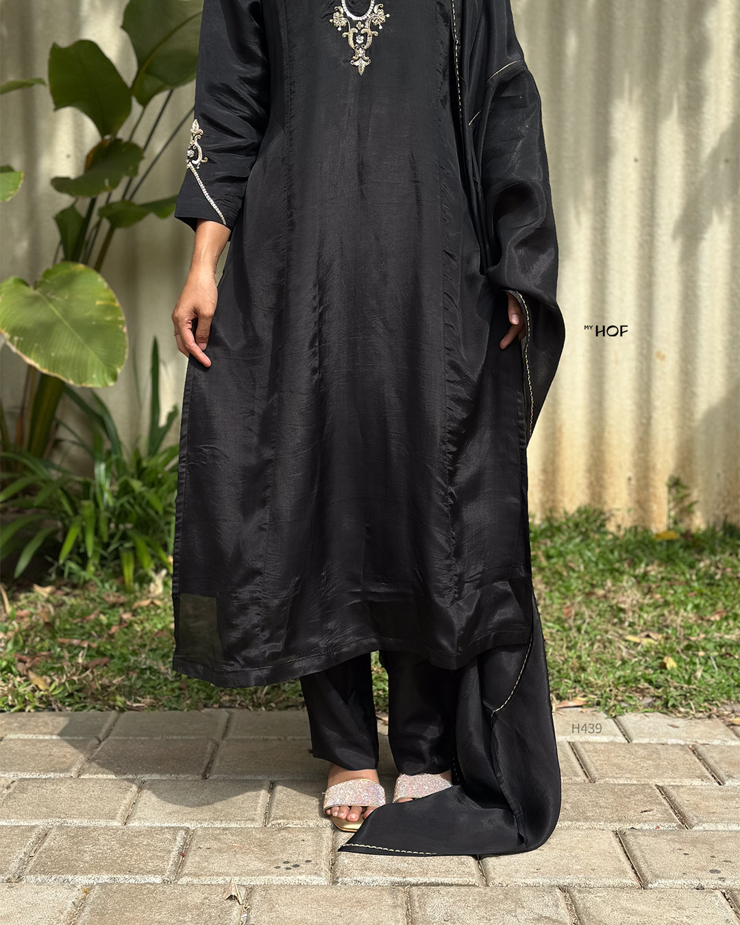 MY HOF Black Suit Set With Hand Embroidery In Glass Organza