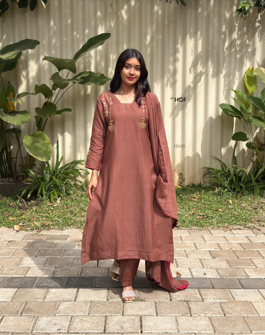 MY HOF Chocolate Brown Suit Set With Hand Embroidery In Linen