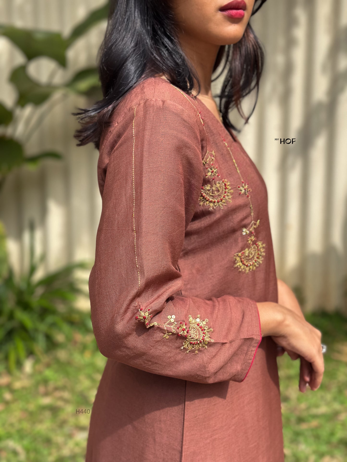 MY HOF Chocolate Brown Suit Set With Hand Embroidery In Linen