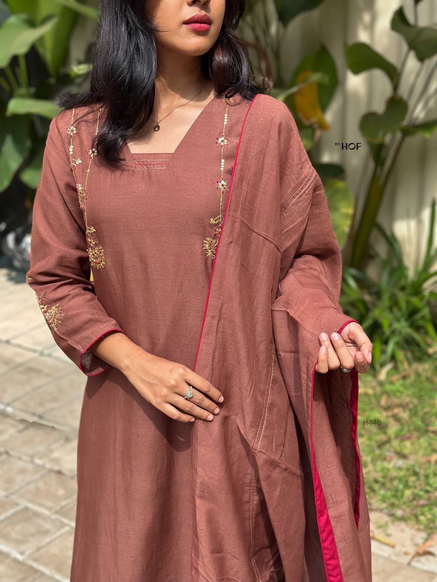 MY HOF Chocolate Brown Suit Set With Hand Embroidery In Linen