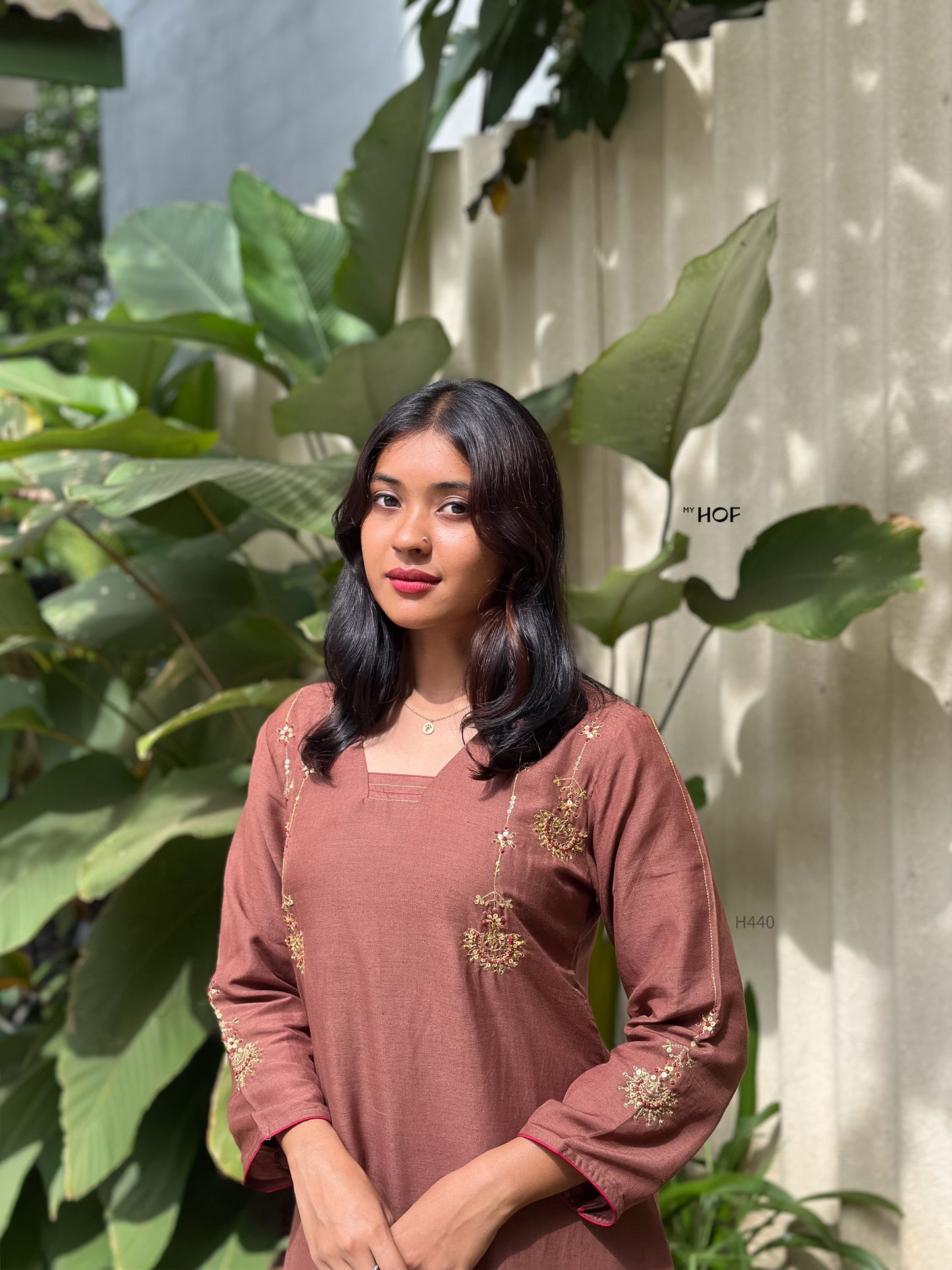 MY HOF Chocolate Brown Suit Set With Hand Embroidery In Linen