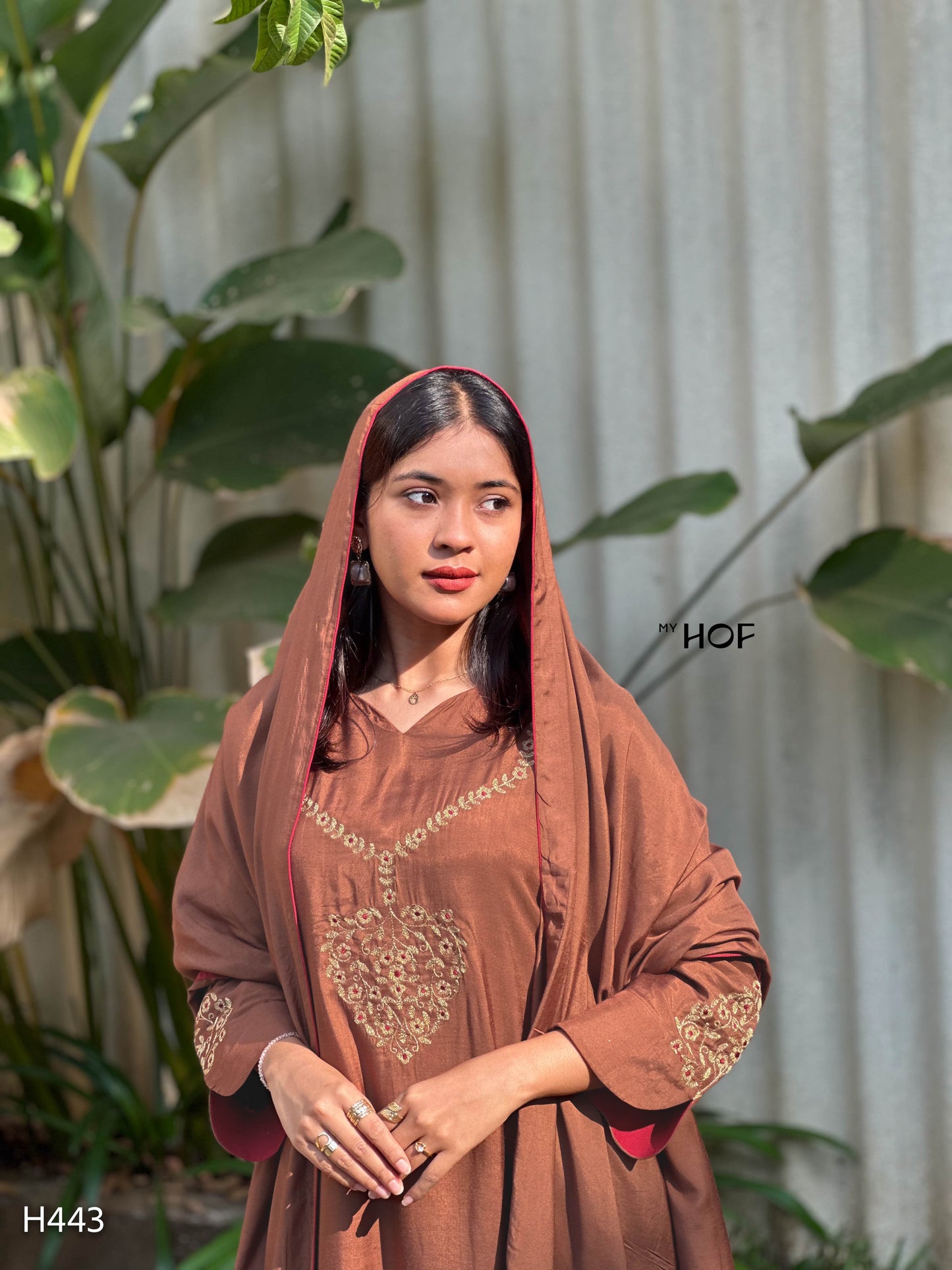 MY HOF Brown Suit Set With Floral Embroidery In Muslin