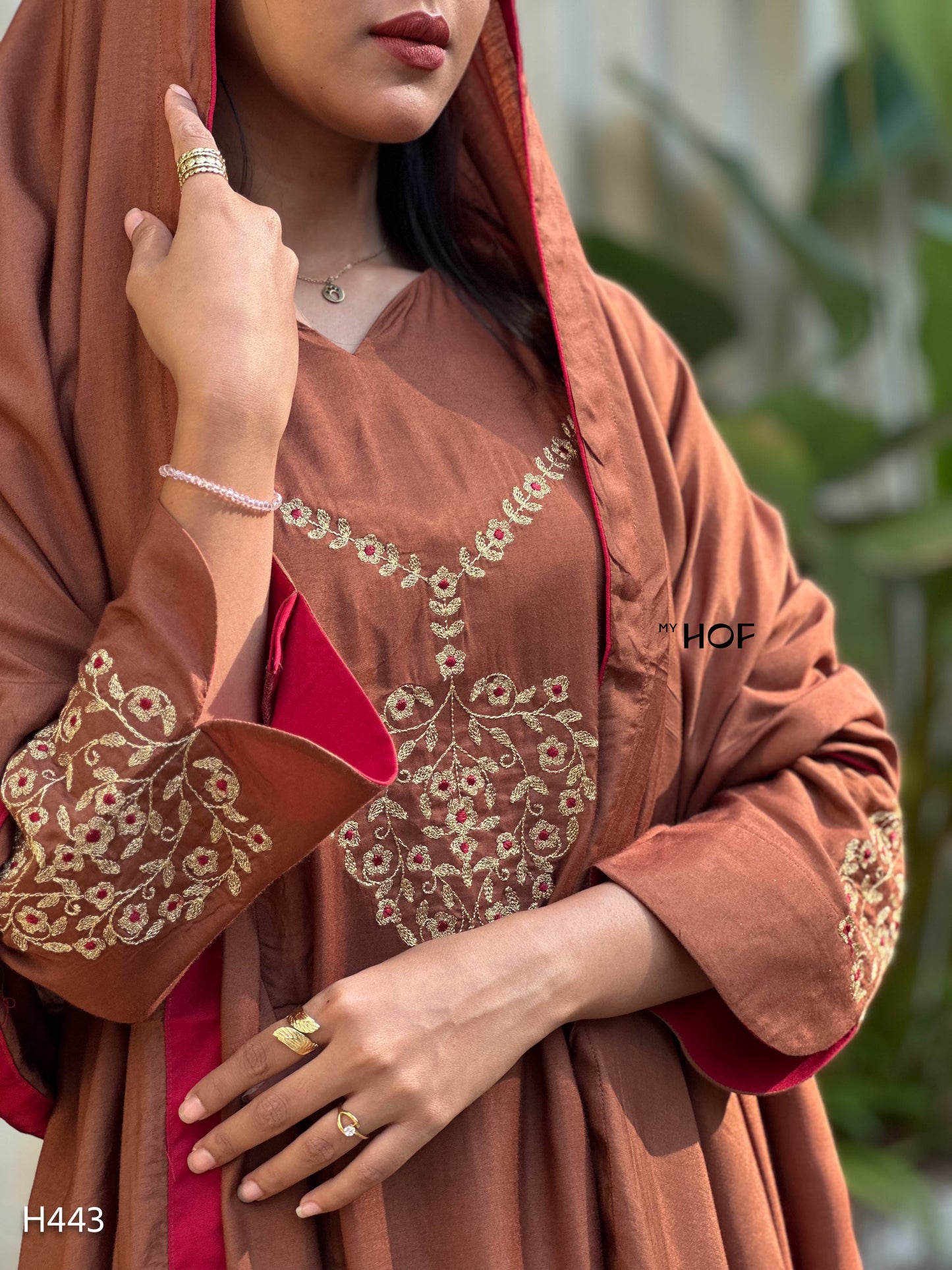 MY HOF Brown Suit Set With Floral Embroidery In Muslin