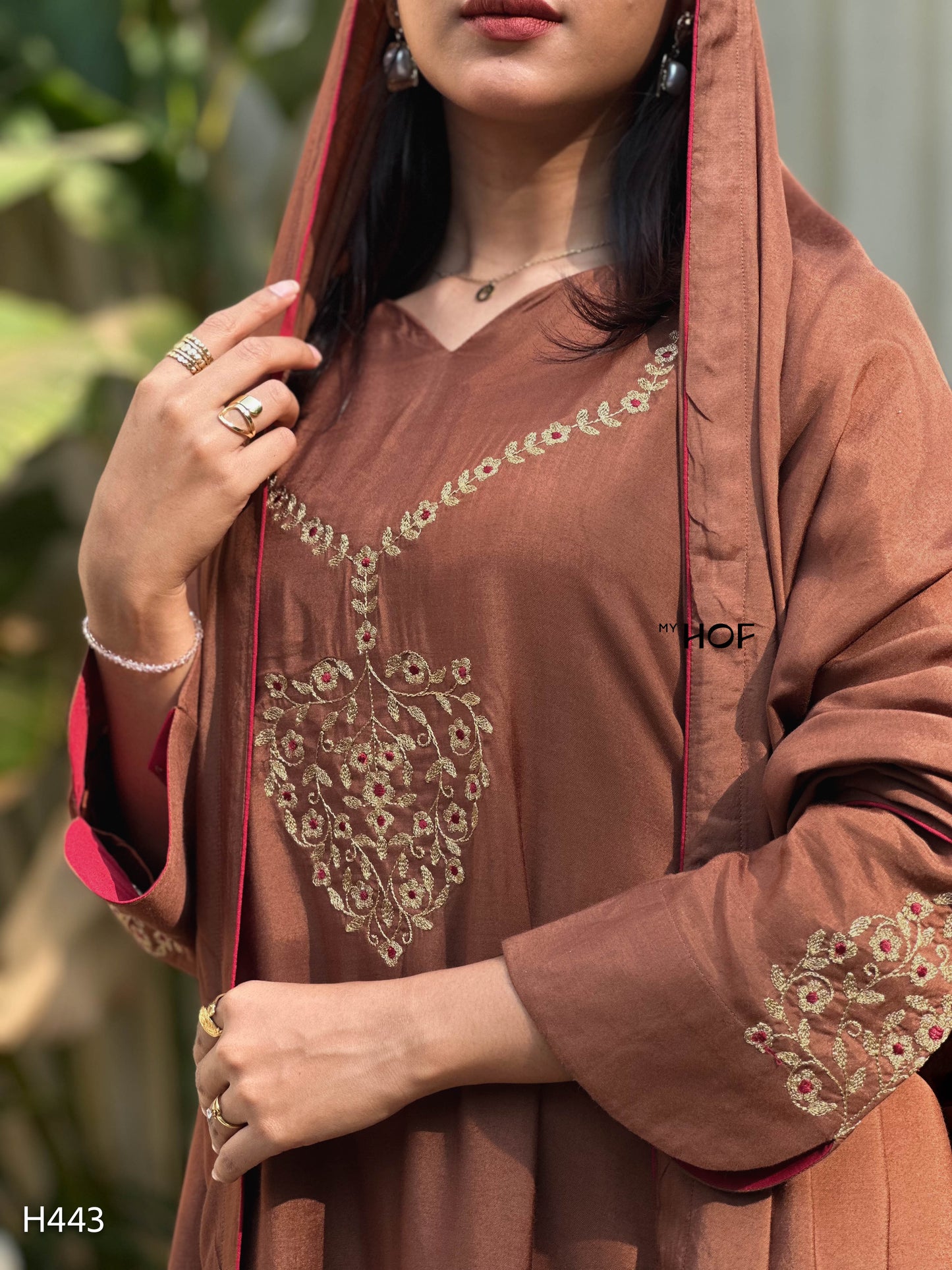 MY HOF Brown Suit Set With Floral Embroidery In Muslin