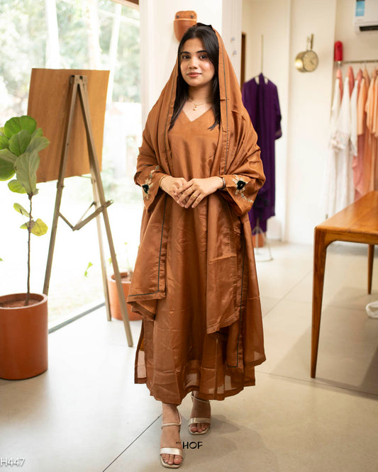 MY HOF Chocolate Brown Suit Set With Hand Embroidey In Glossy Organza