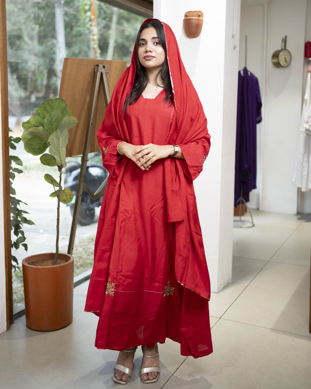 MY HOF Red Suit Set With Hand Embroidery In Muslin