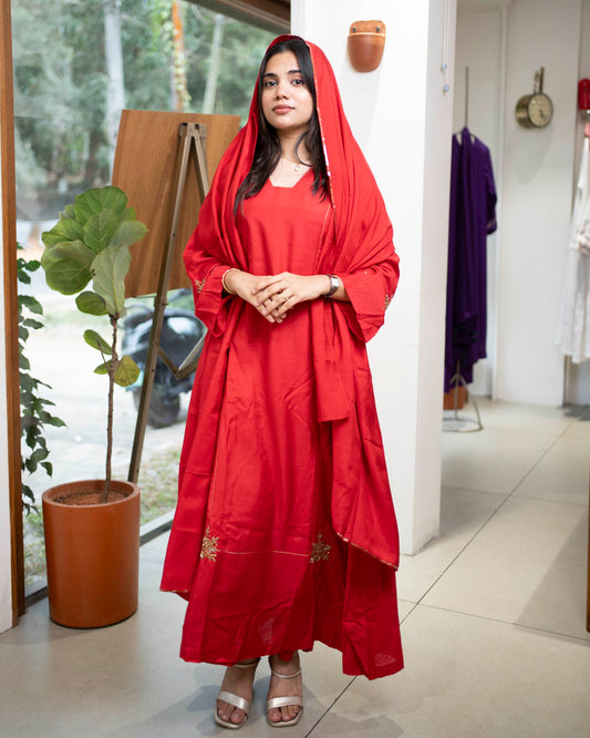 MY HOF Red Suit Set With Hand Embroidery In Muslin