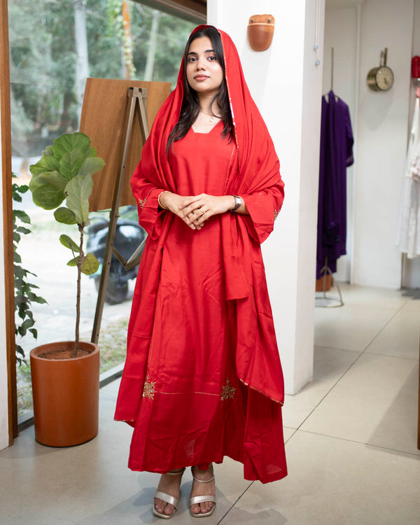 MY HOF Red Suit Set With Hand Embroidery In Muslin