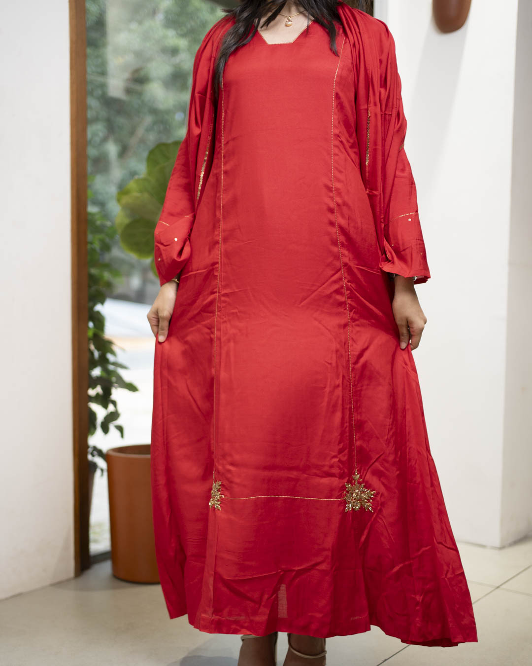 MY HOF Red Suit Set With Hand Embroidery In Muslin