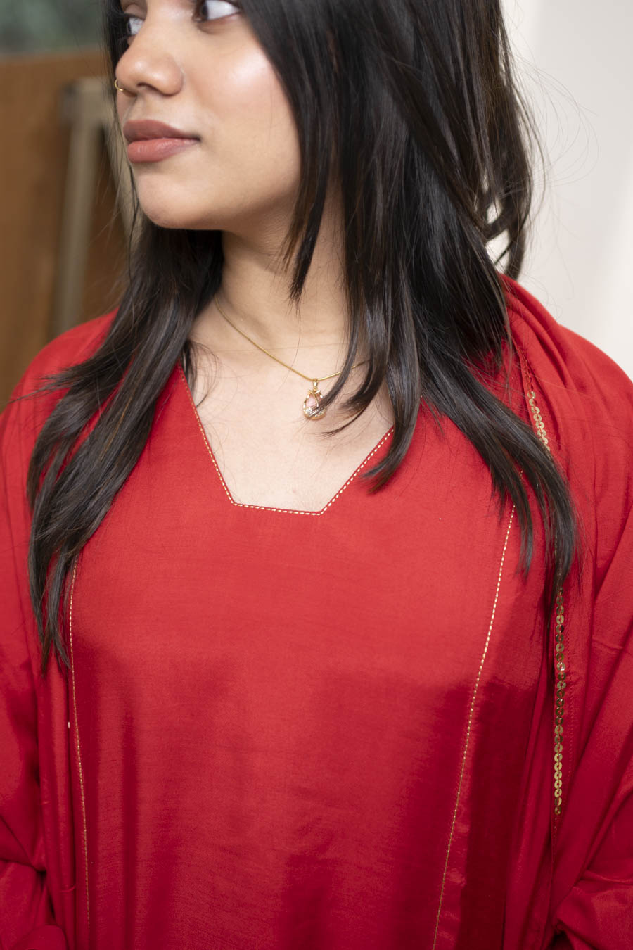 MY HOF Red Suit Set With Hand Embroidery In Muslin