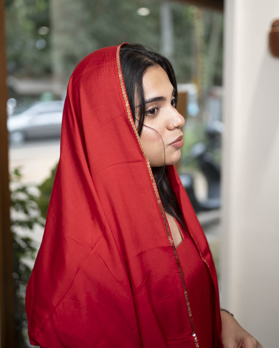 MY HOF Red Suit Set With Hand Embroidery In Muslin