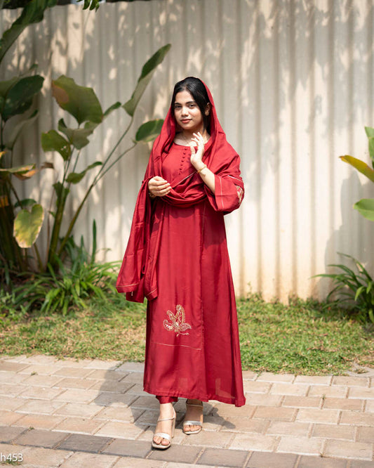 MY HOF Deep Maroon Suit Set With Hand Embroidery In Muslin