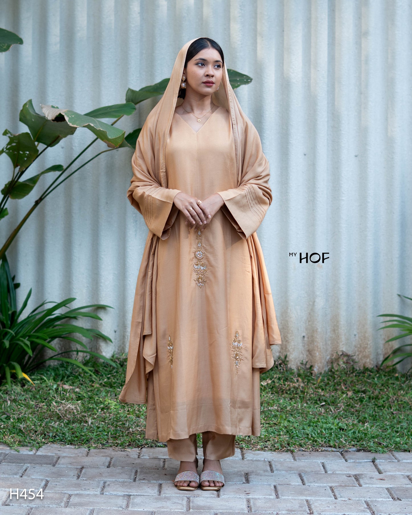 MY HOF Beige Suit Set With Hand Embroidery In Muslin