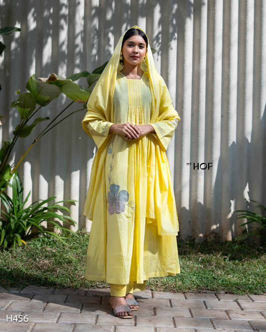 MY HOF is launching Yellow Suit Set With Floral Embroidery In Cotton