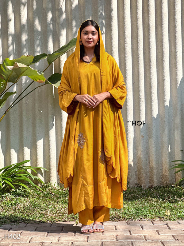 MY HOF Mustard Yellow Suit Set With Floral Hand Embroidery In Muslin