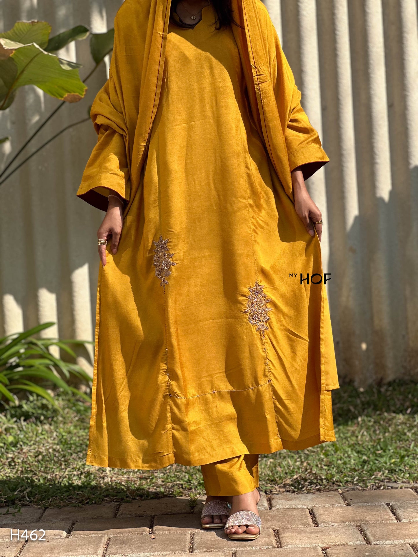 MY HOF Mustard Yellow Suit Set With Floral Hand Embroidery In Muslin
