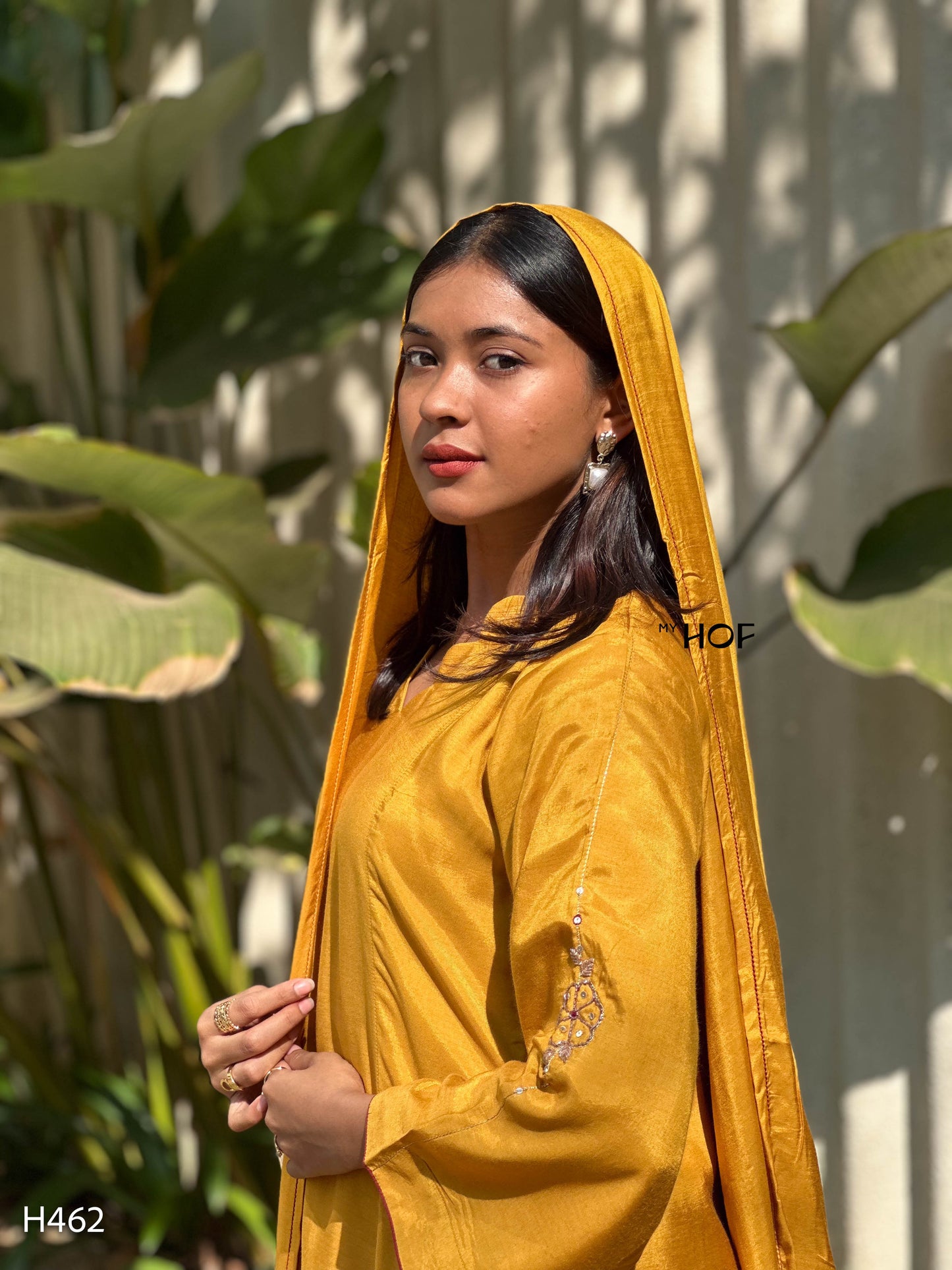 MY HOF Mustard Yellow Suit Set With Floral Hand Embroidery In Muslin