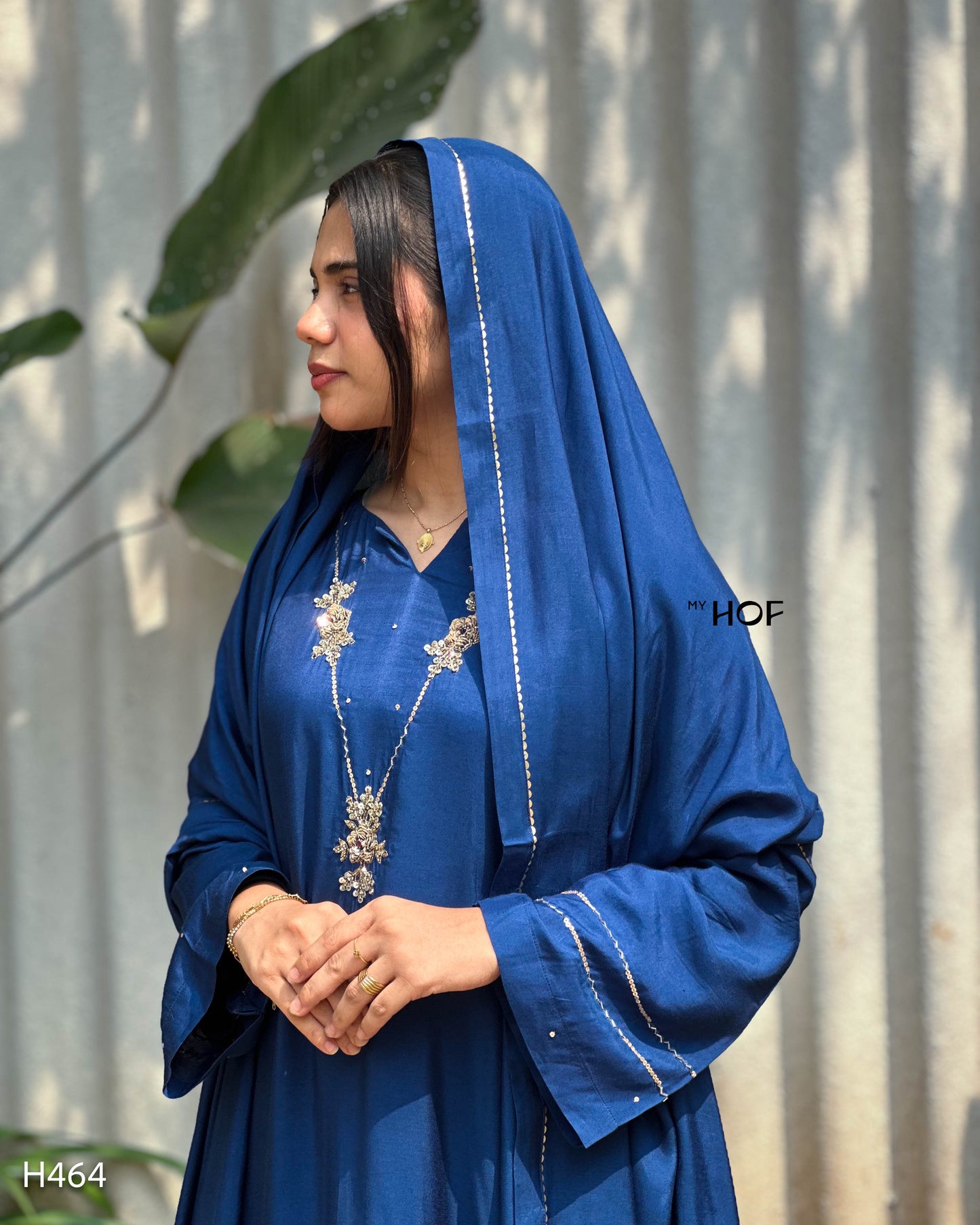 MY HOF Navy Blue Suit Set With Floral Hand Embroidery in Muslin